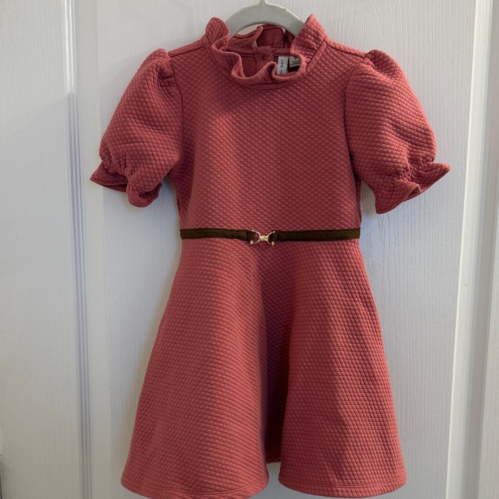 Pink Textured Kids Dress with Ruffled Neckline